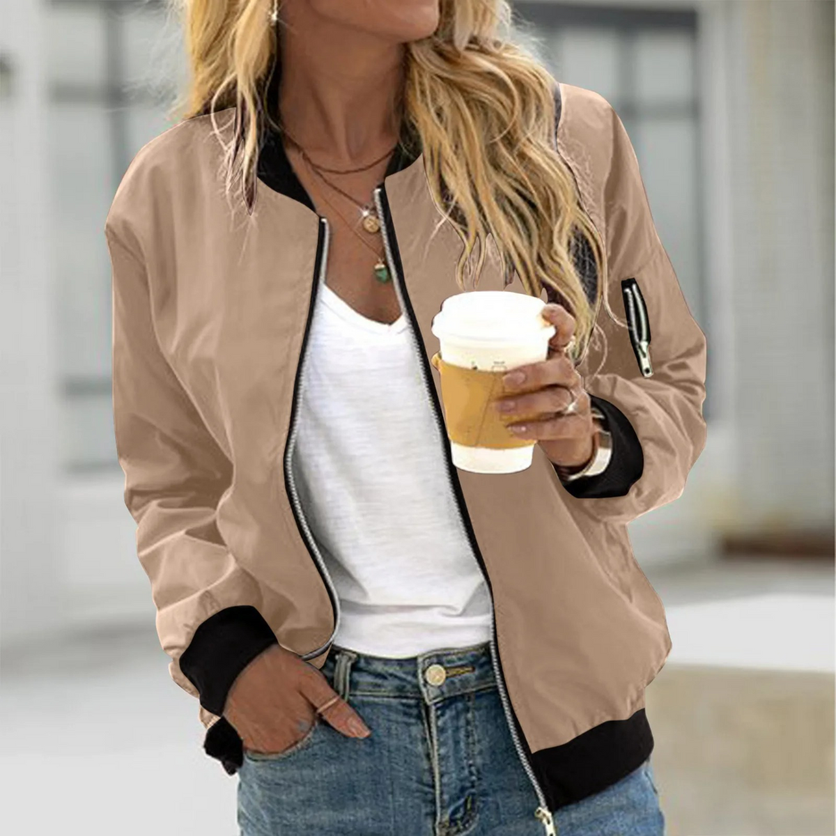 EVA-US Women's Bomber Jacket in PU Leather Look with Zipper