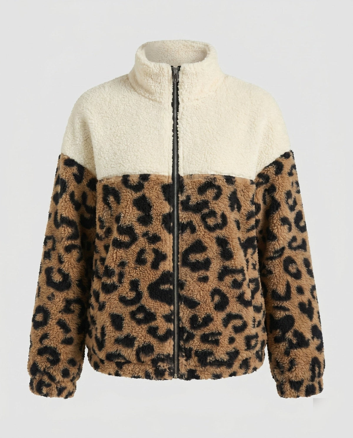 Women’s stylish fleece jacket with leopard pattern and high collar - Chichicherry