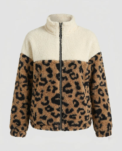 Women’s stylish fleece jacket with leopard pattern and high collar - Chichicherry