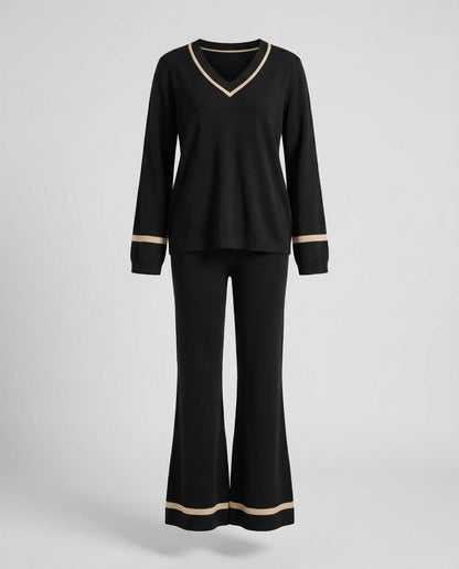 Women's stylish knit suit with wide leg and V-neck - Chichicherry