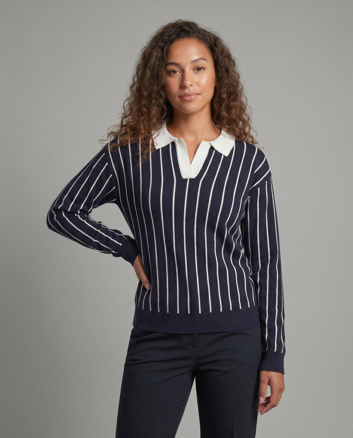 Women's stylish knit top with classic collar and striped pattern - Chichicherry