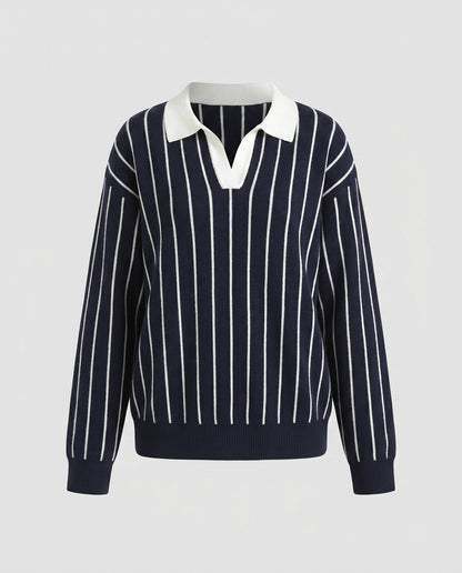 Women's stylish knit top with classic collar and striped pattern - Chichicherry
