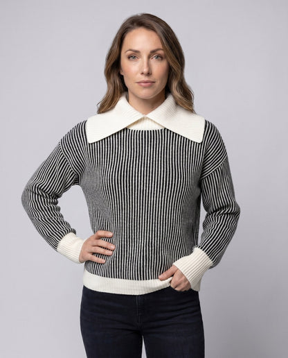 Women's stylish sweatshirt with contrasting collar and striped pattern - Chichicherry
