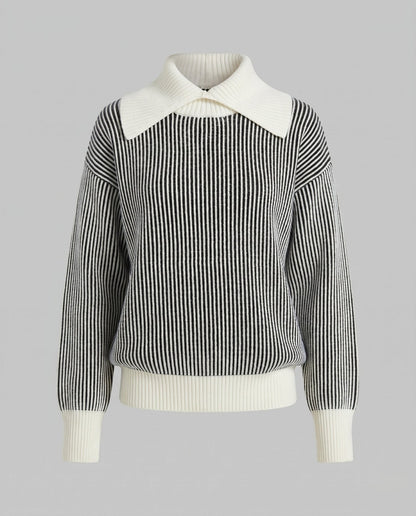 Women's stylish sweatshirt with contrasting collar and striped pattern - Chichicherry