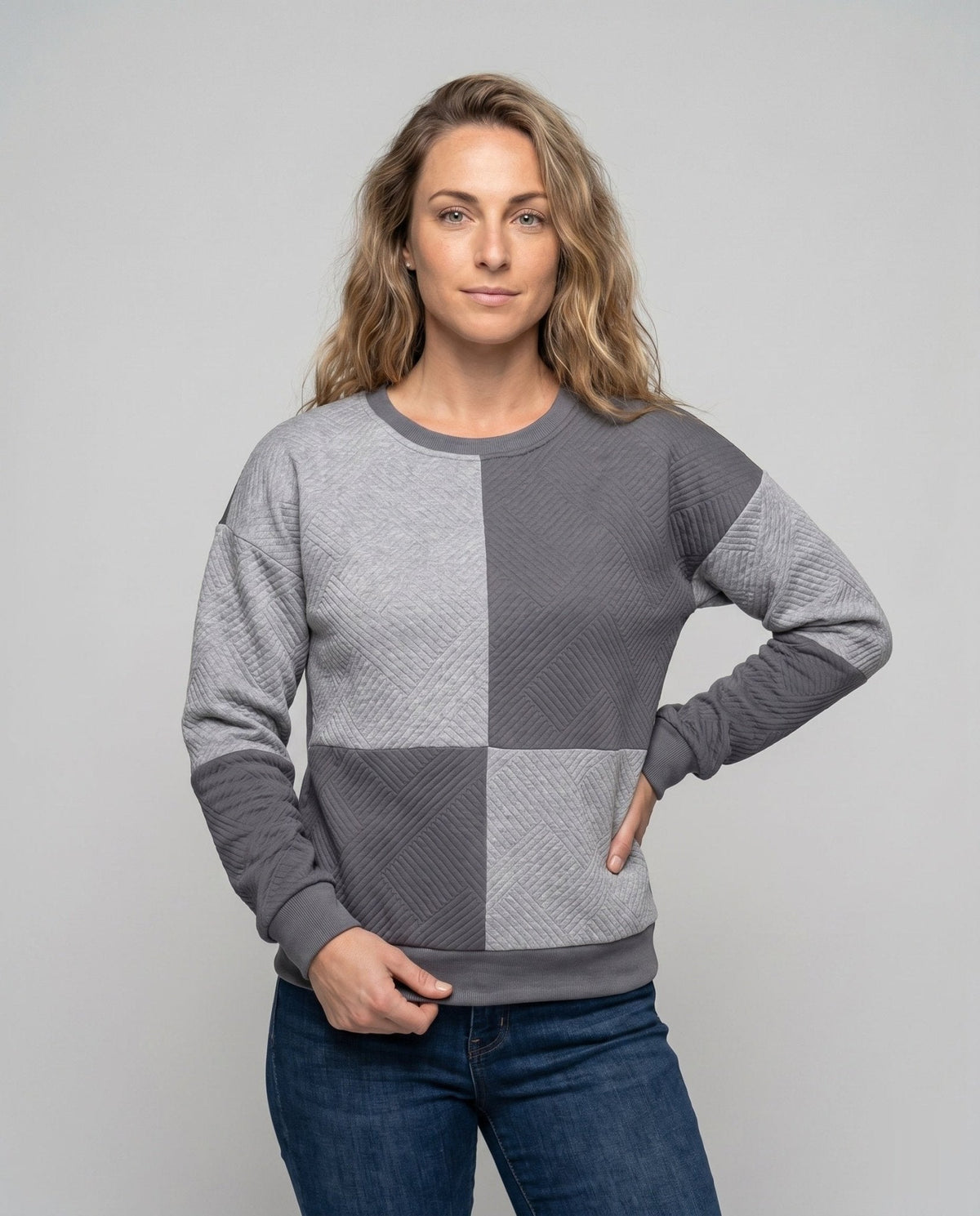 Women's stylish sweatshirt with geometric block design and textured material - Chichicherry