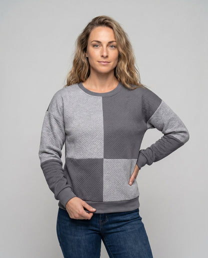 Women's stylish sweatshirt with geometric block design and textured material - Chichicherry