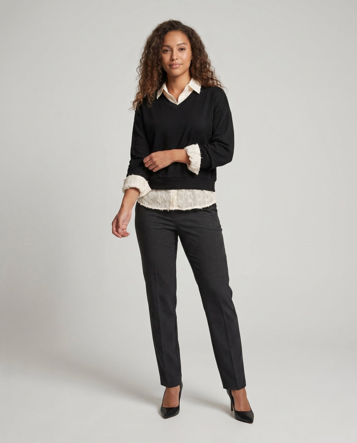 Women's sweatshirt with decorative shirt insert and casual V-neck - Chichicherry