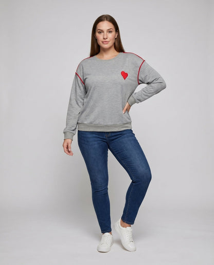 Women's sweatshirt with heart-shaped appliqués and trendy contrast stitching - Chichicherry