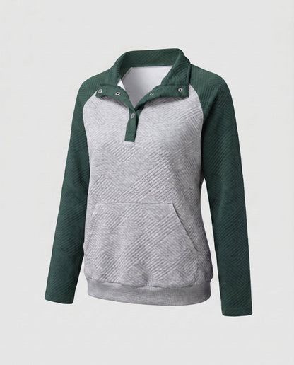 Women's sweatshirt with textured design and button-up stand collar - Chichicherry