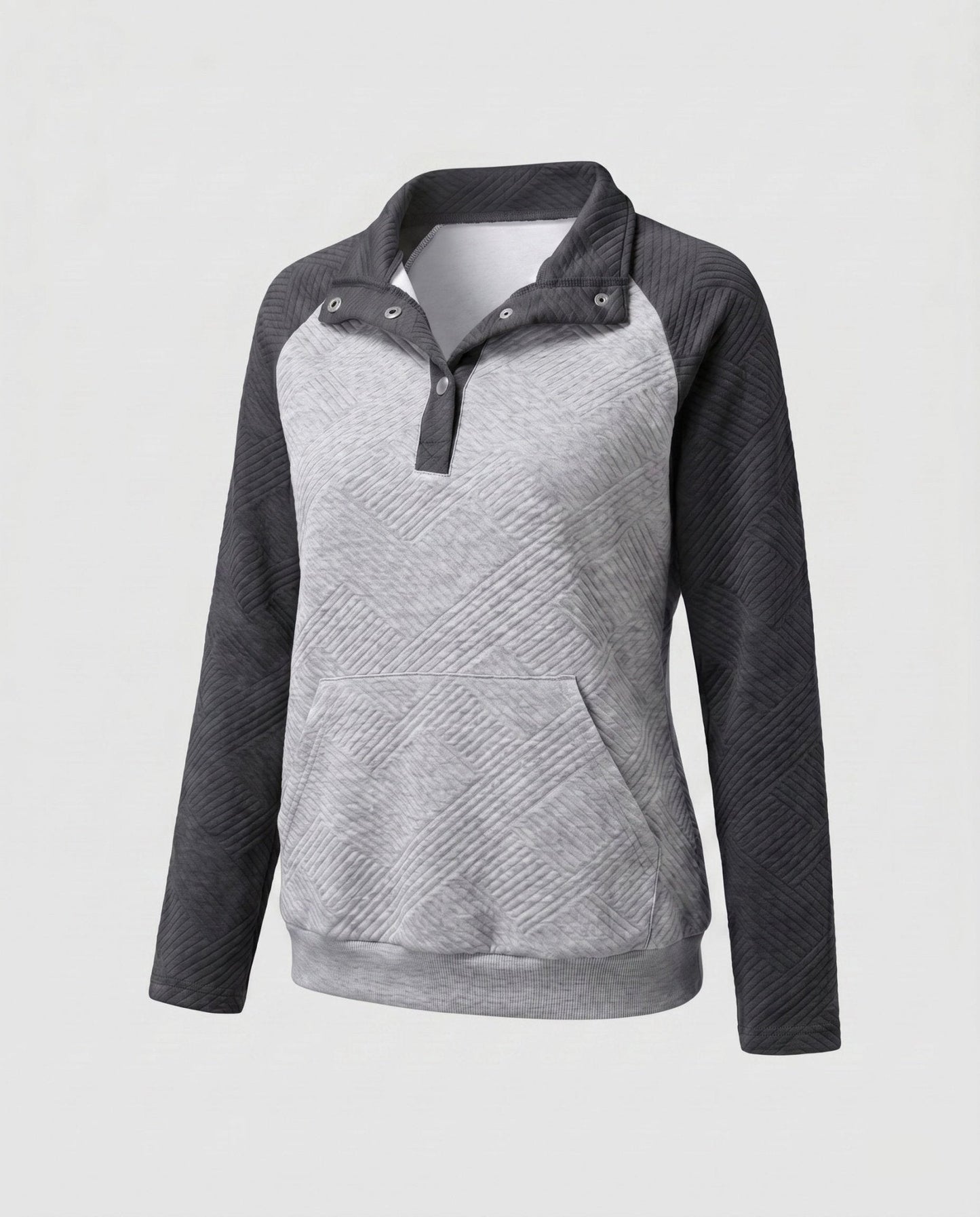 Women's sweatshirt with textured design and button-up stand collar - Chichicherry