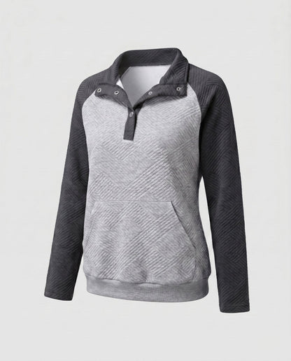 Women's sweatshirt with textured design and button-up stand collar - Chichicherry