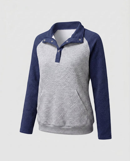Women's sweatshirt with textured design and button-up stand collar - Chichicherry