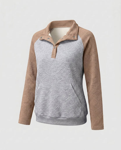 Women's sweatshirt with textured design and button-up stand collar - Chichicherry
