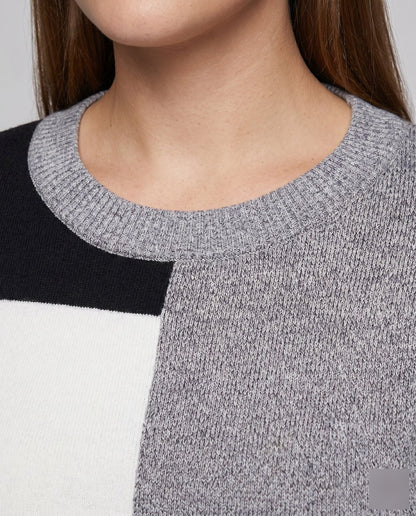 Women's sweatshirt with trendy block pattern and round neckline - Chichicherry