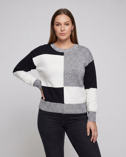 Women's sweatshirt with trendy block pattern and round neckline - Chichicherry