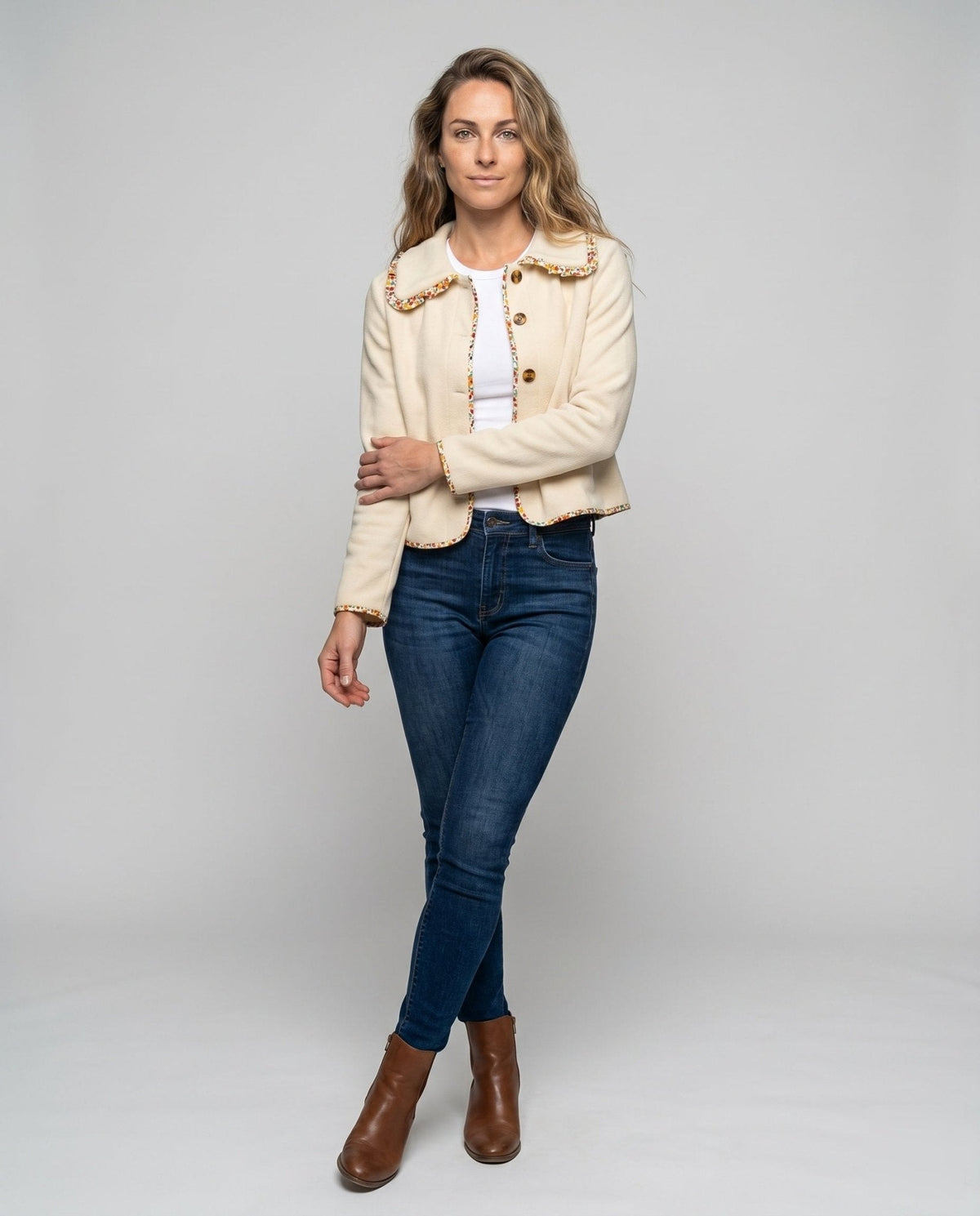 Women's timeless blazer jacket with colorful collar and elegant button details - Chichicherry