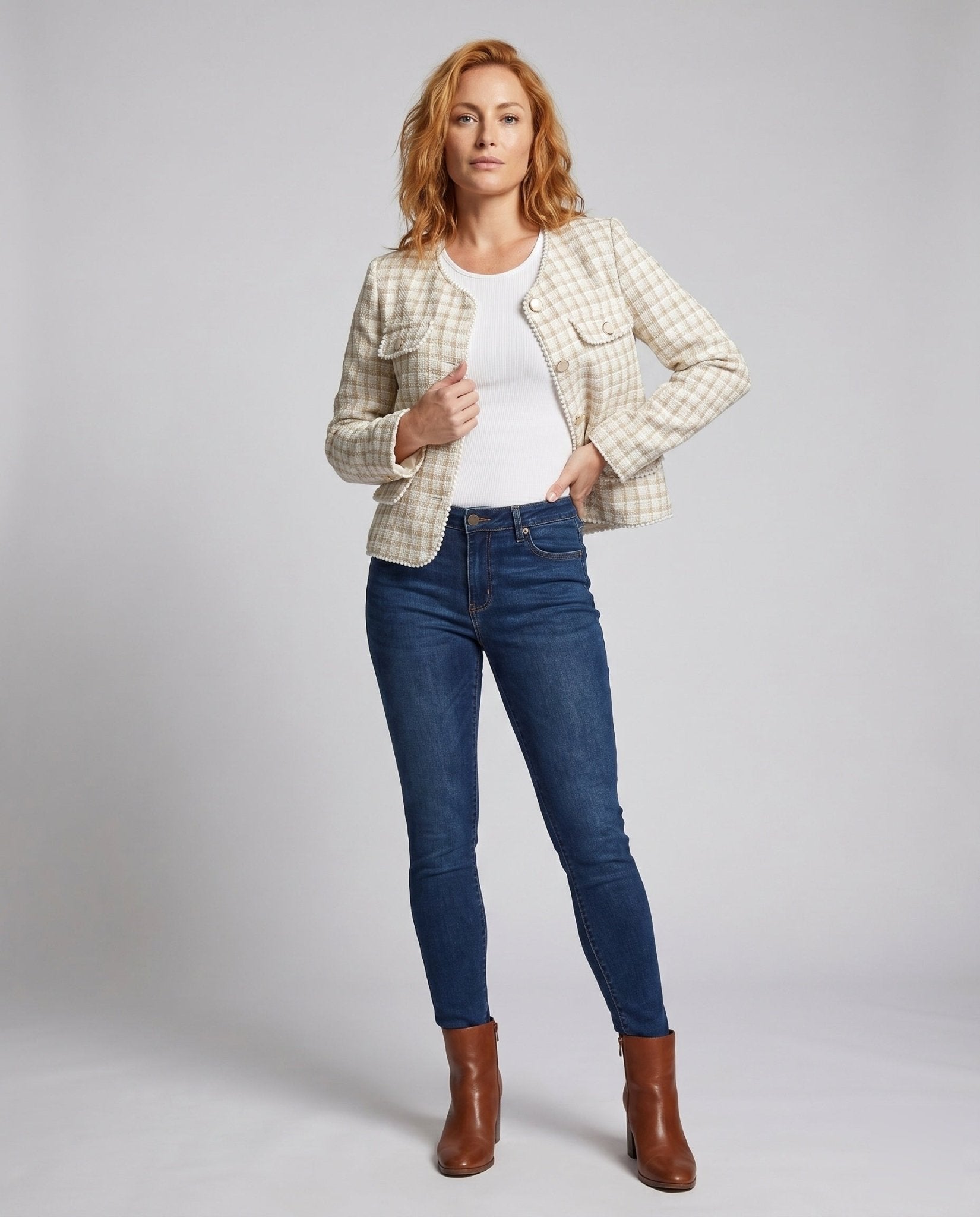Women's Tweed Blazer with Decorative Button Details and Elegant Pockets - Chichicherry