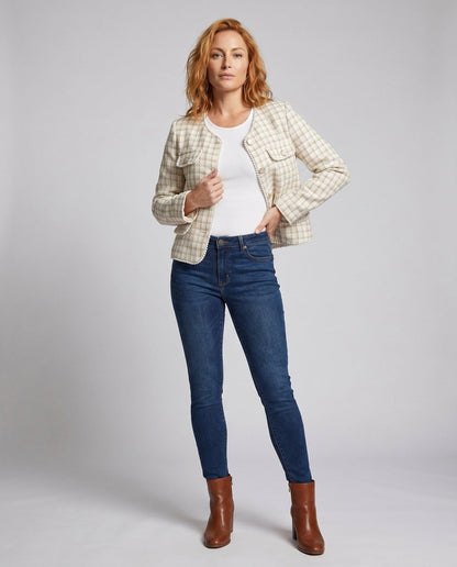 Women's Tweed Blazer with Decorative Button Details and Elegant Pockets - Chichicherry