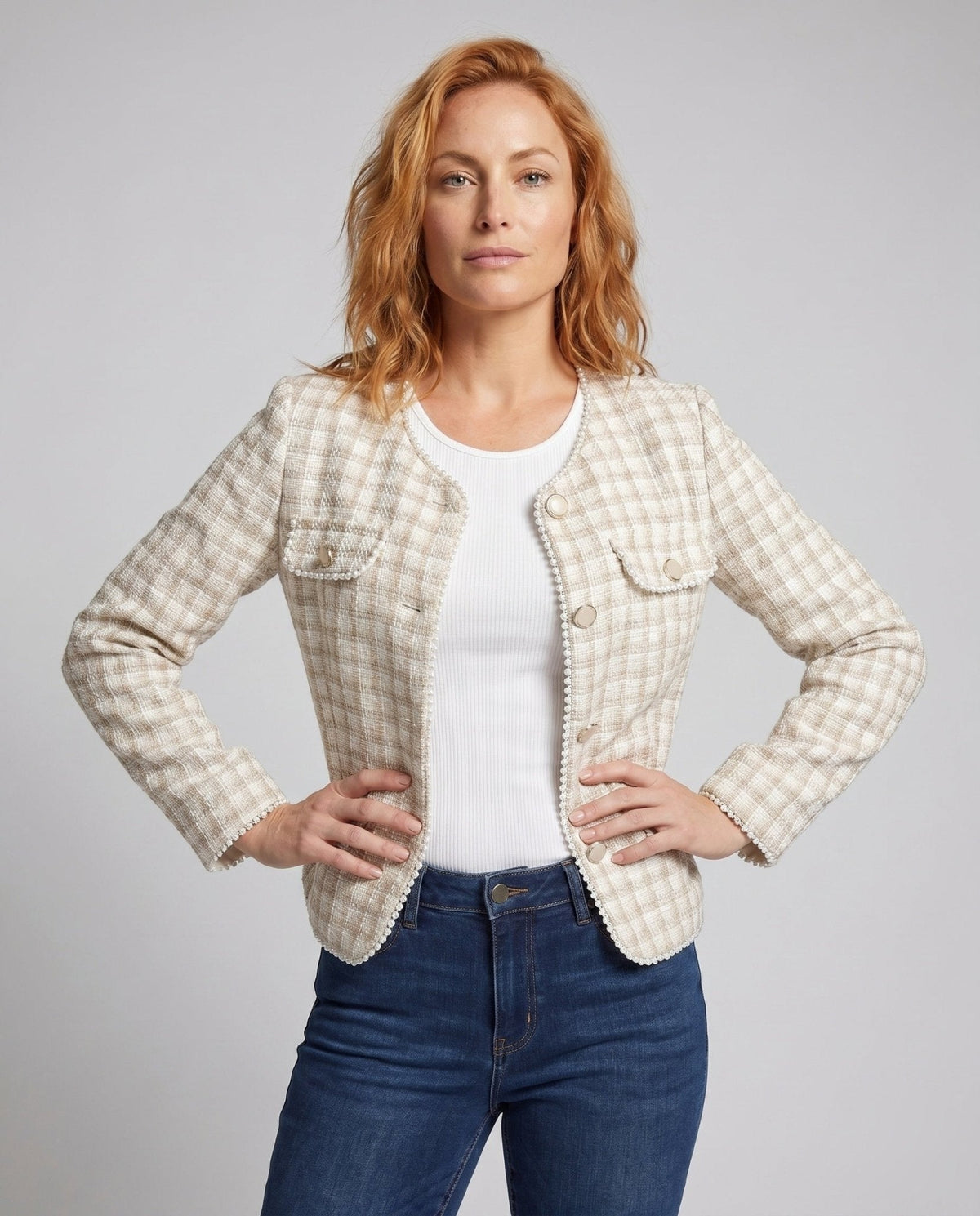 Women's Tweed Blazer with Decorative Button Details and Elegant Pockets - Chichicherry