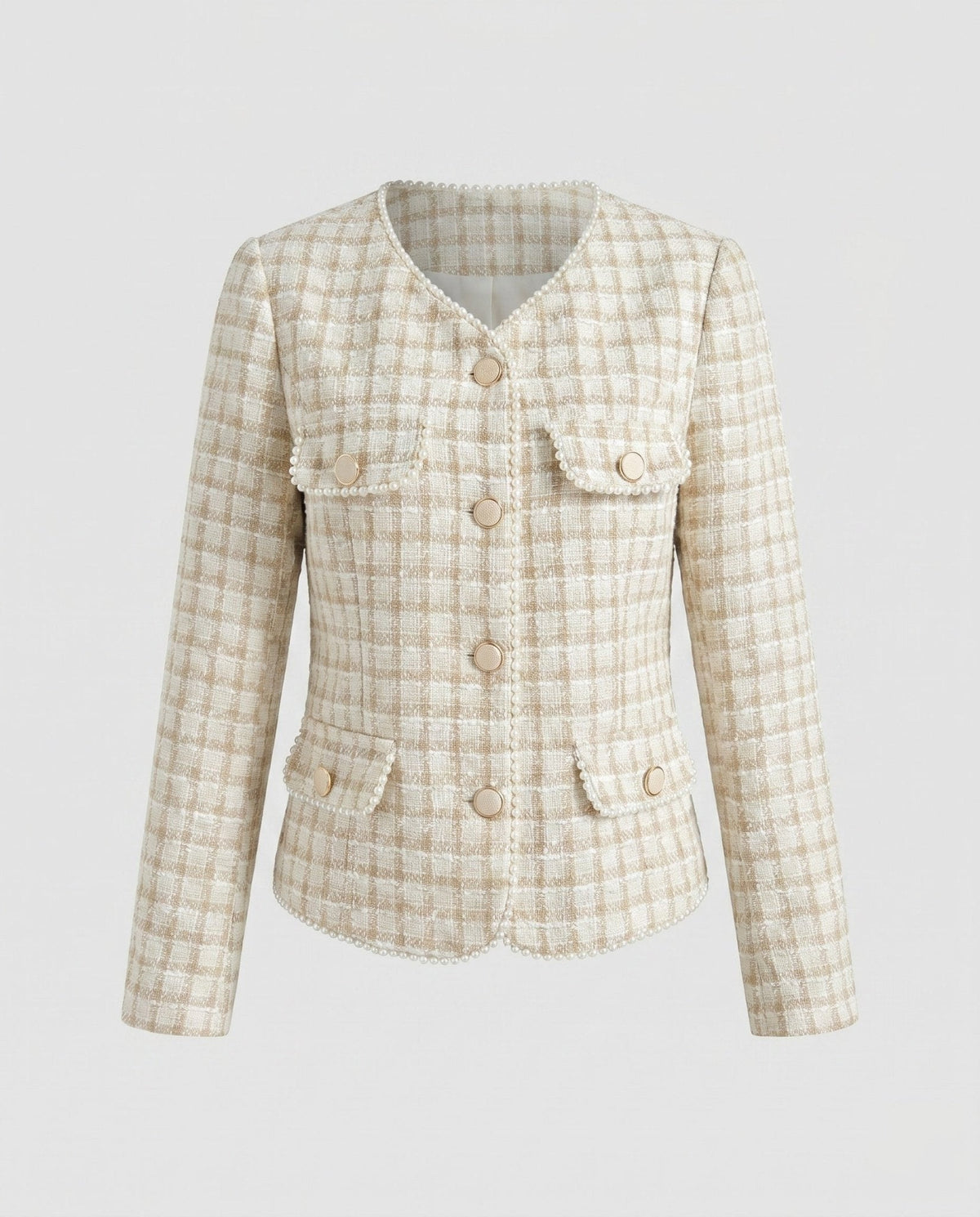 Women's Tweed Blazer with Decorative Button Details and Elegant Pockets - Chichicherry