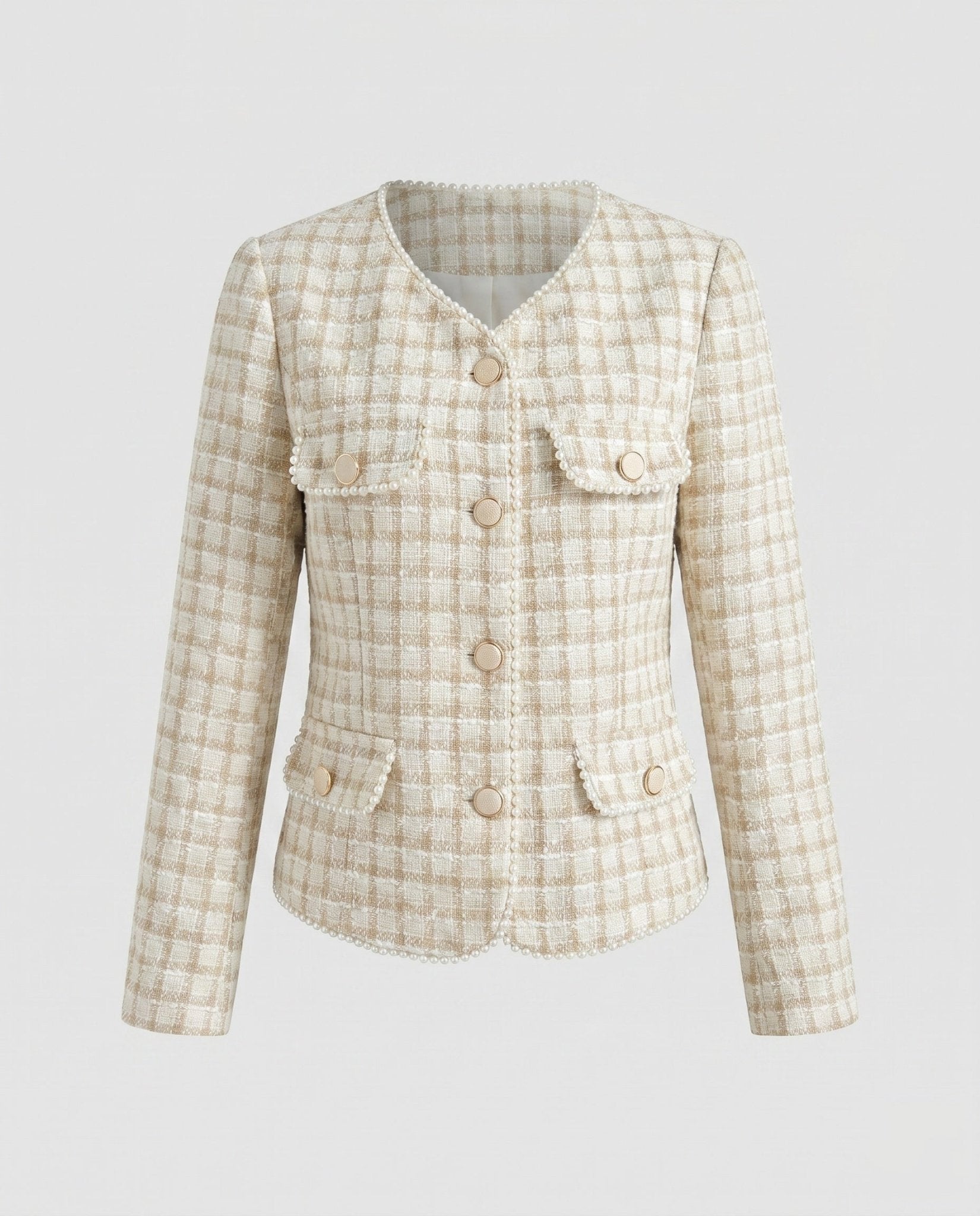 Women's Tweed Blazer with Decorative Button Details and Elegant Pockets - Chichicherry