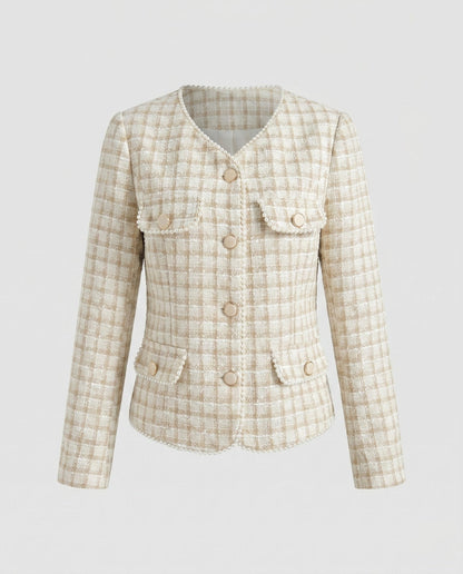 Women's Tweed Blazer with Decorative Button Details and Elegant Pockets - Chichicherry