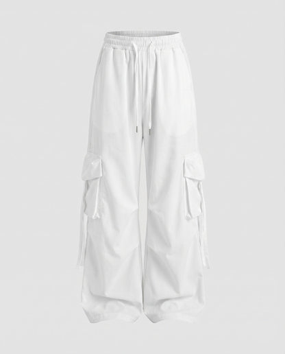 Women's Urban Drop Crotch Blended Fabric Baggy Cargo Pants - White colorway