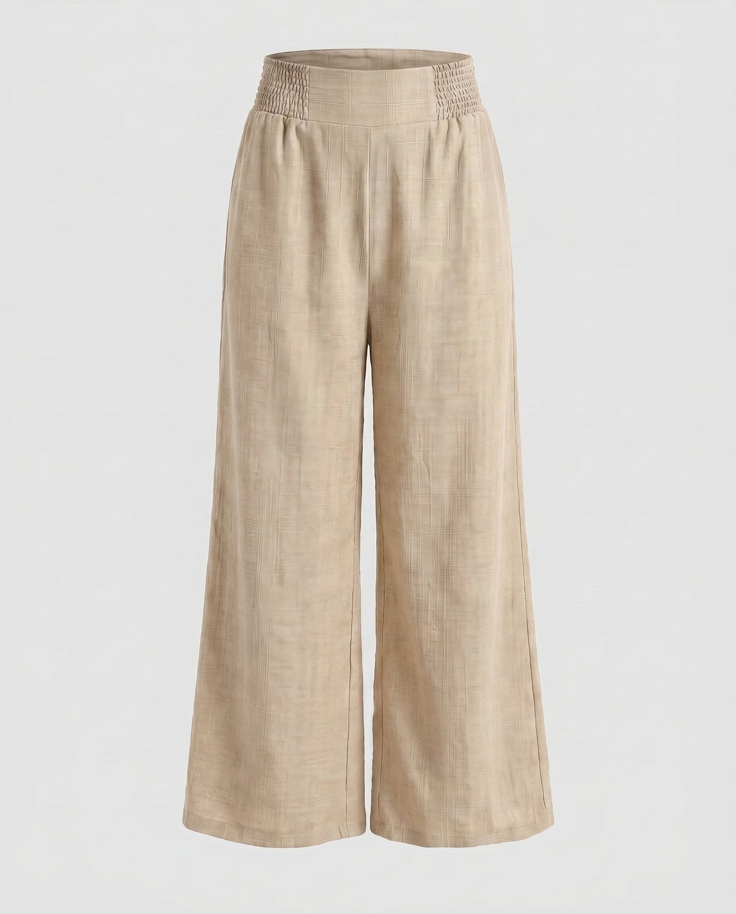 Women's Wide Linen Pants with Elastic Waistband and Decorative Pleats - Apricot colorway