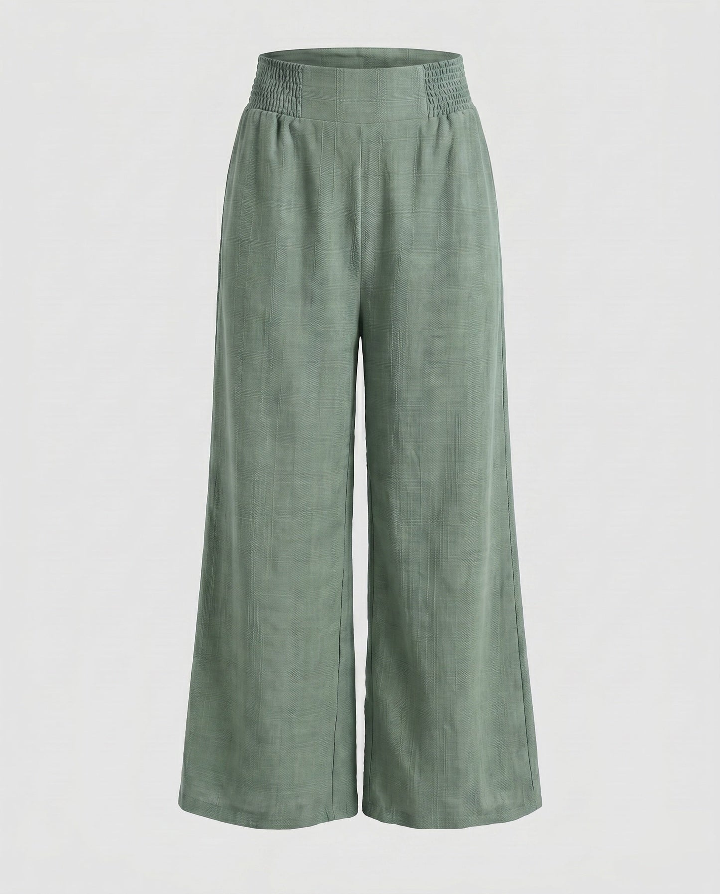 Women's Wide Linen Pants with Elastic Waistband and Decorative Pleats - Bean Green colorway