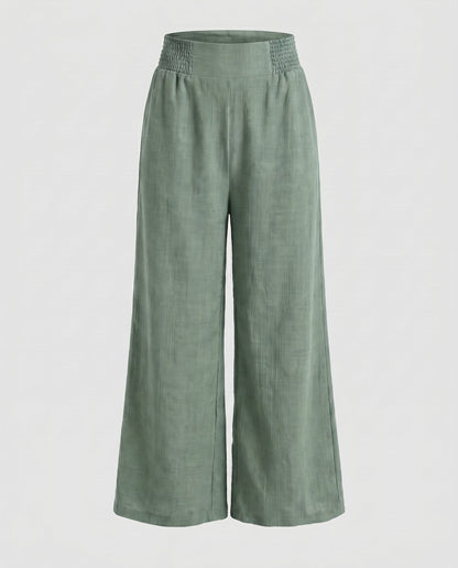 Women's Wide Linen Pants with Elastic Waistband and Decorative Pleats - Bean Green colorway