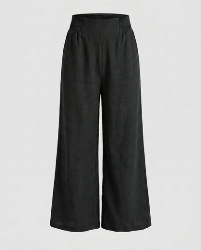 Women's Wide Linen Pants with Elastic Waistband and Decorative Pleats - Black colorway
