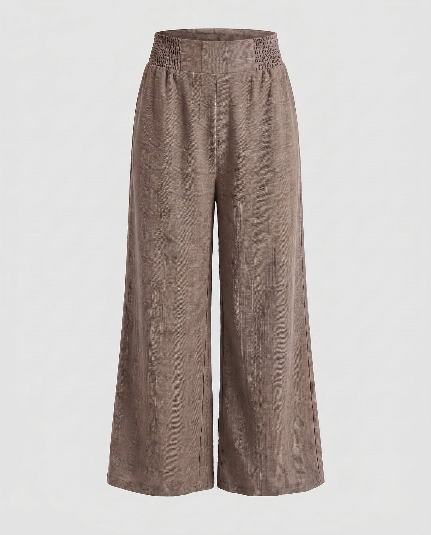 Women's Wide Linen Pants with Elastic Waistband and Decorative Pleats - Camel colorway