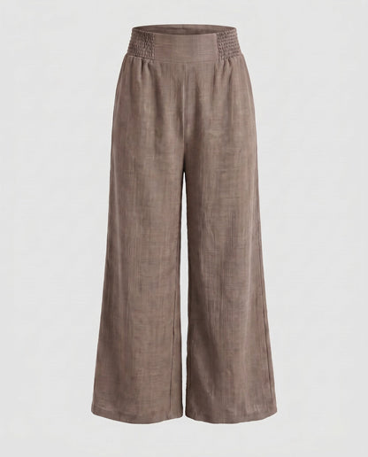 Women's Wide Linen Pants with Elastic Waistband and Decorative Pleats - Camel colorway