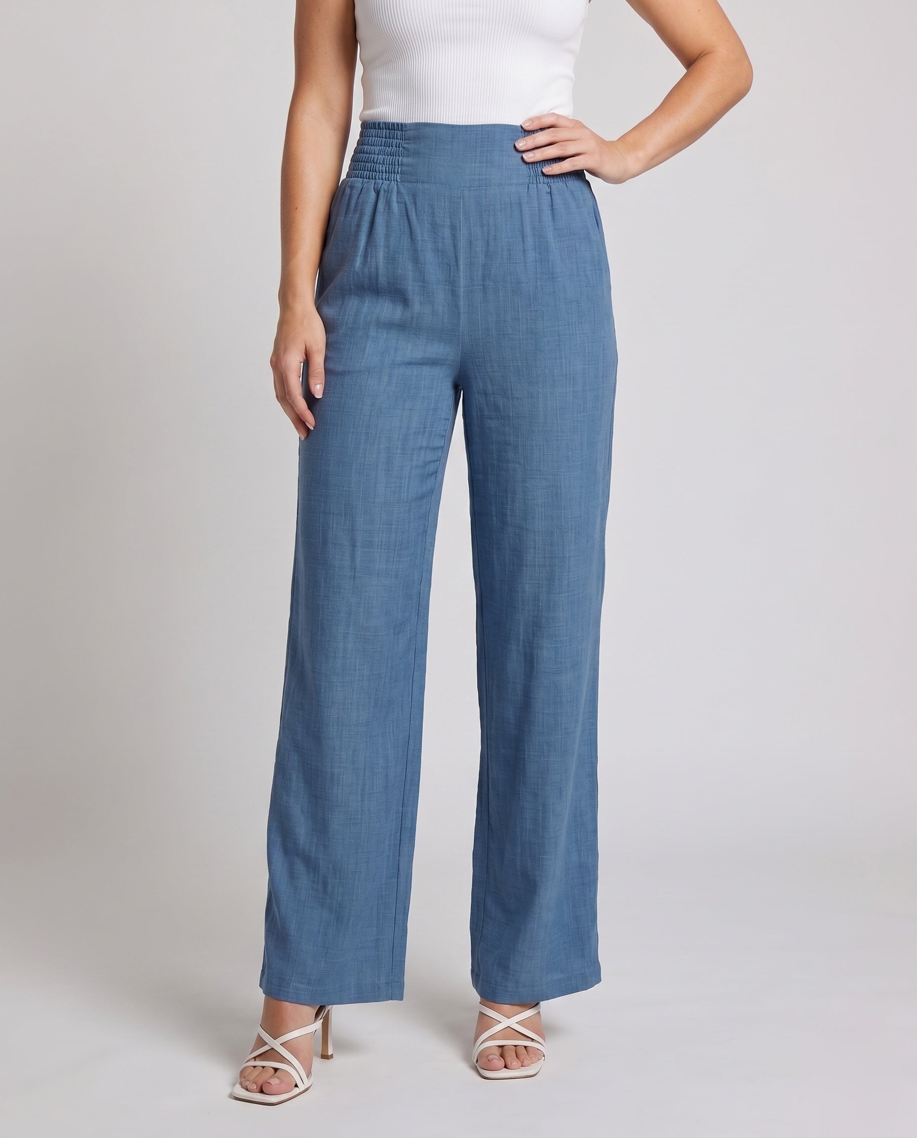Women's Wide Linen Pants with Elastic Waistband and Decorative Pleats - lower body detail