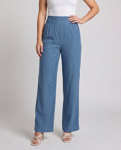 Women's Wide Linen Pants with Elastic Waistband and Decorative Pleats - lower body detail