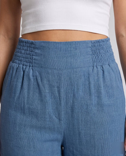 Women's Wide Linen Pants with Elastic Waistband and Decorative Pleats - close-up detail