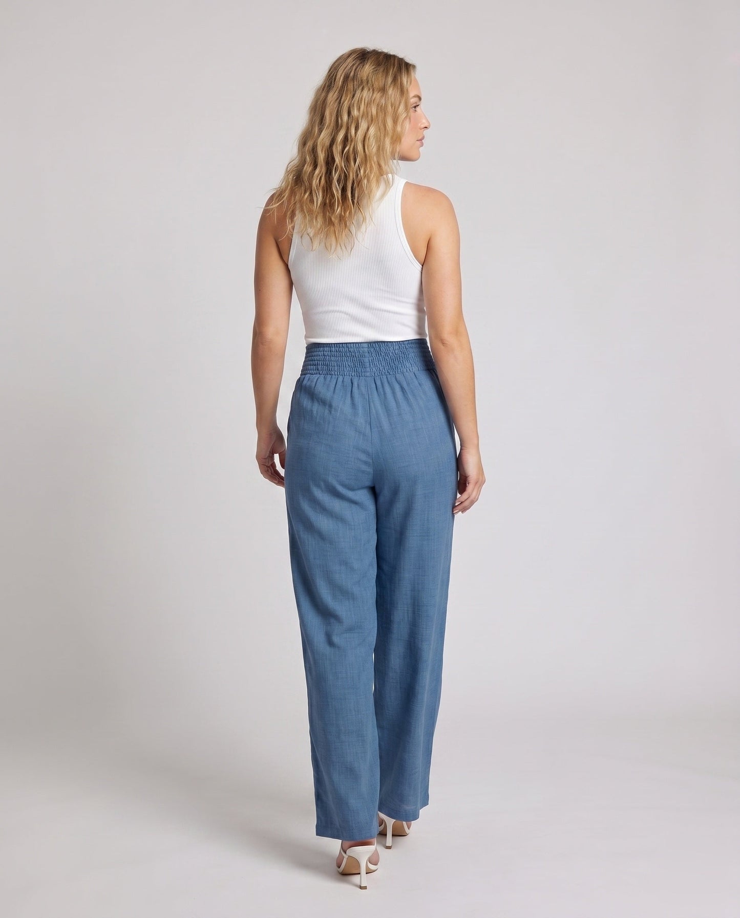 Women's Wide Linen Pants with Elastic Waistband and Decorative Pleats - back view