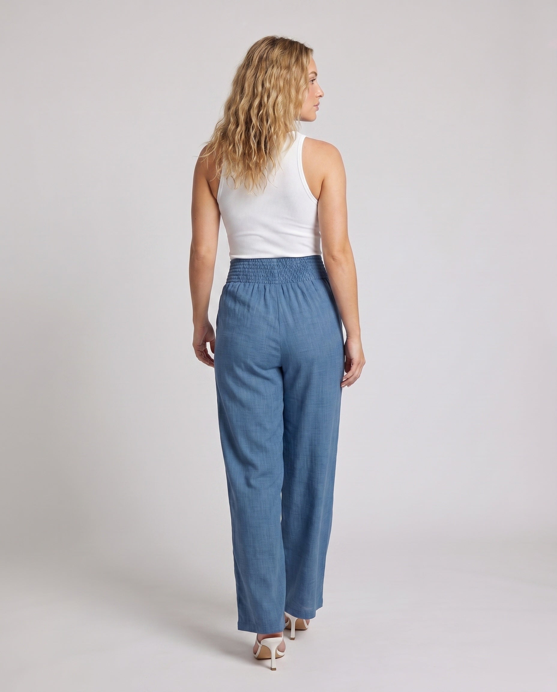 Women's Wide Linen Pants with Elastic Waistband and Decorative Pleats - back view