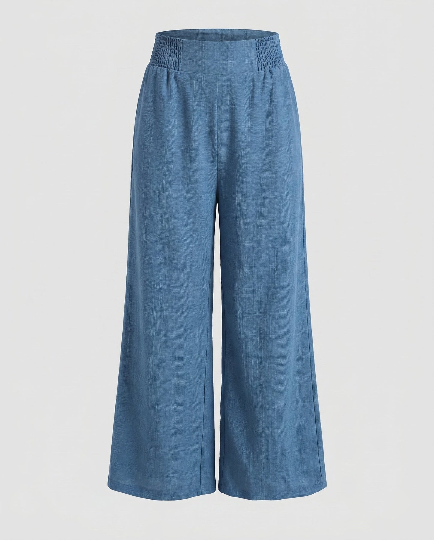 Women's Wide Linen Pants with Elastic Waistband and Decorative Pleats - Denim Blue colorway