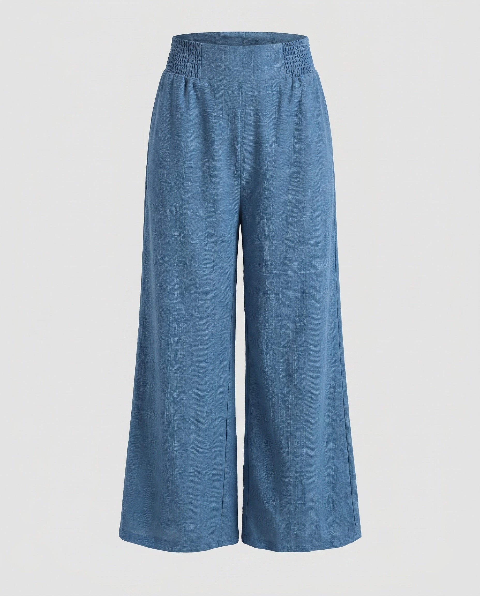 Women's Wide Linen Pants with Elastic Waistband and Decorative Pleats - Denim Blue colorway