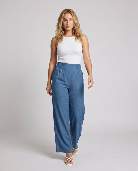 Women's Wide Linen Pants with Elastic Waistband and Decorative Pleats - front view