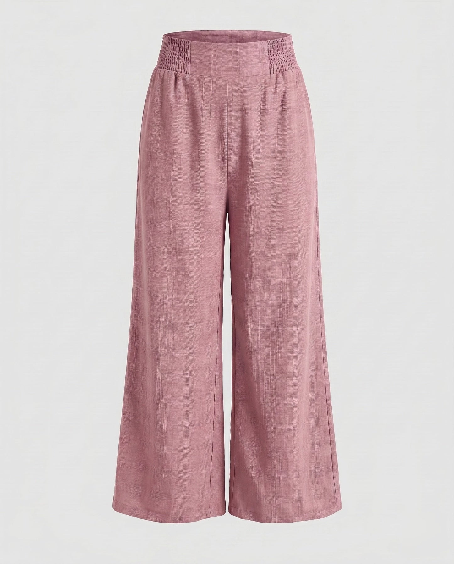 Women's Wide Linen Pants with Elastic Waistband and Decorative Pleats - Pink colorway