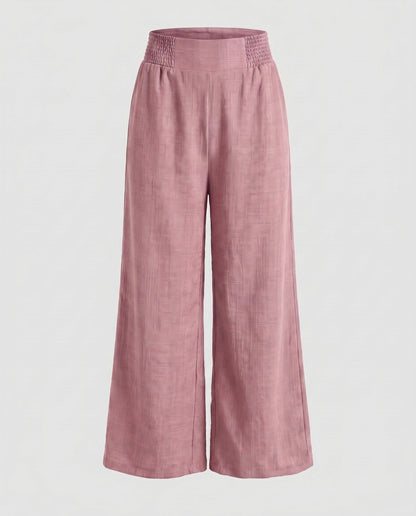 Women's Wide Linen Pants with Elastic Waistband and Decorative Pleats - Pink colorway