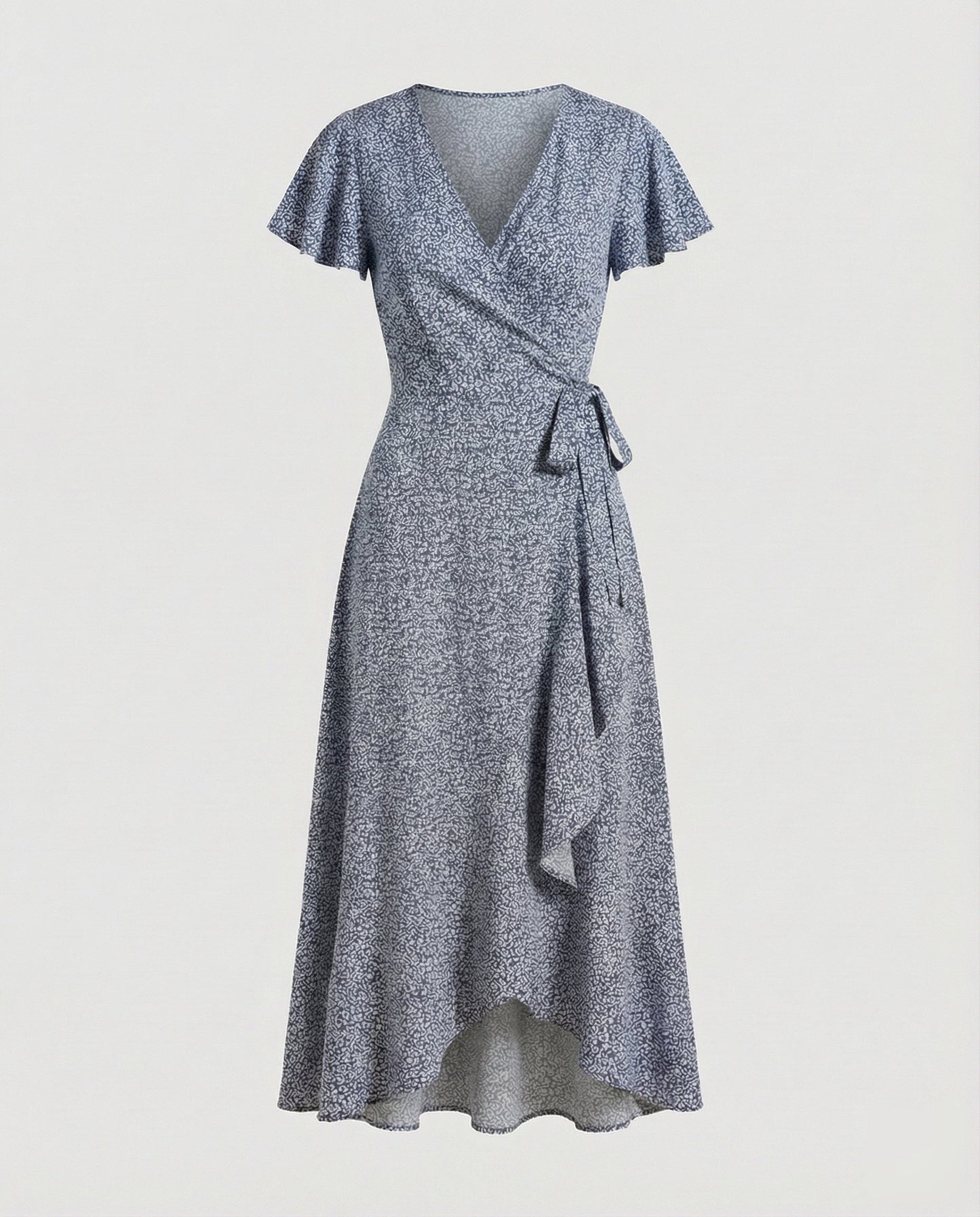 Women's Wrap Dress in Floral Print with High-low Ruffle - Black colorway