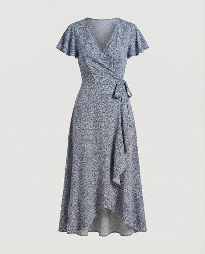 Women's Wrap Dress in Floral Print with High-low Ruffle - Black colorway