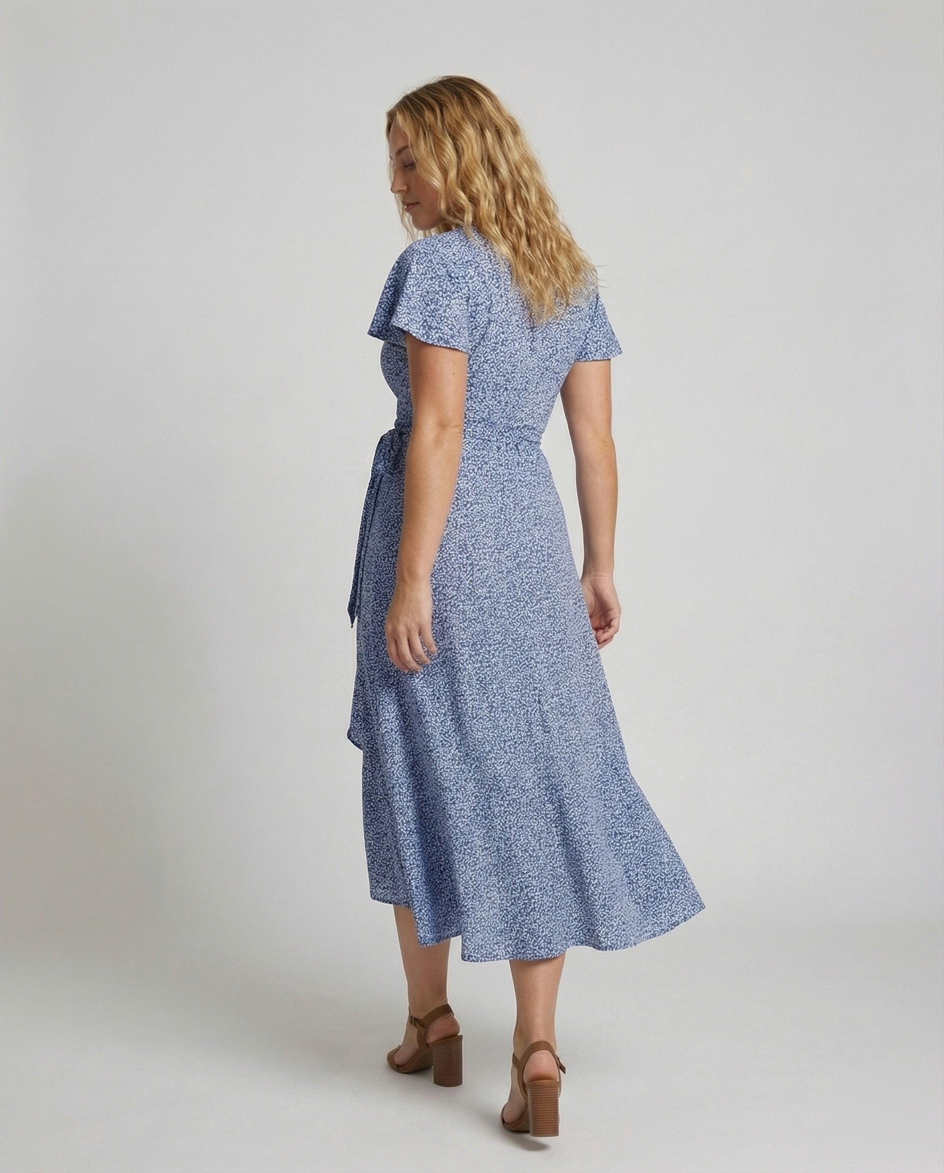 Women's Wrap Dress in Floral Print with High-low Ruffle - back view