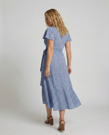 Women's Wrap Dress in Floral Print with High-low Ruffle - back view