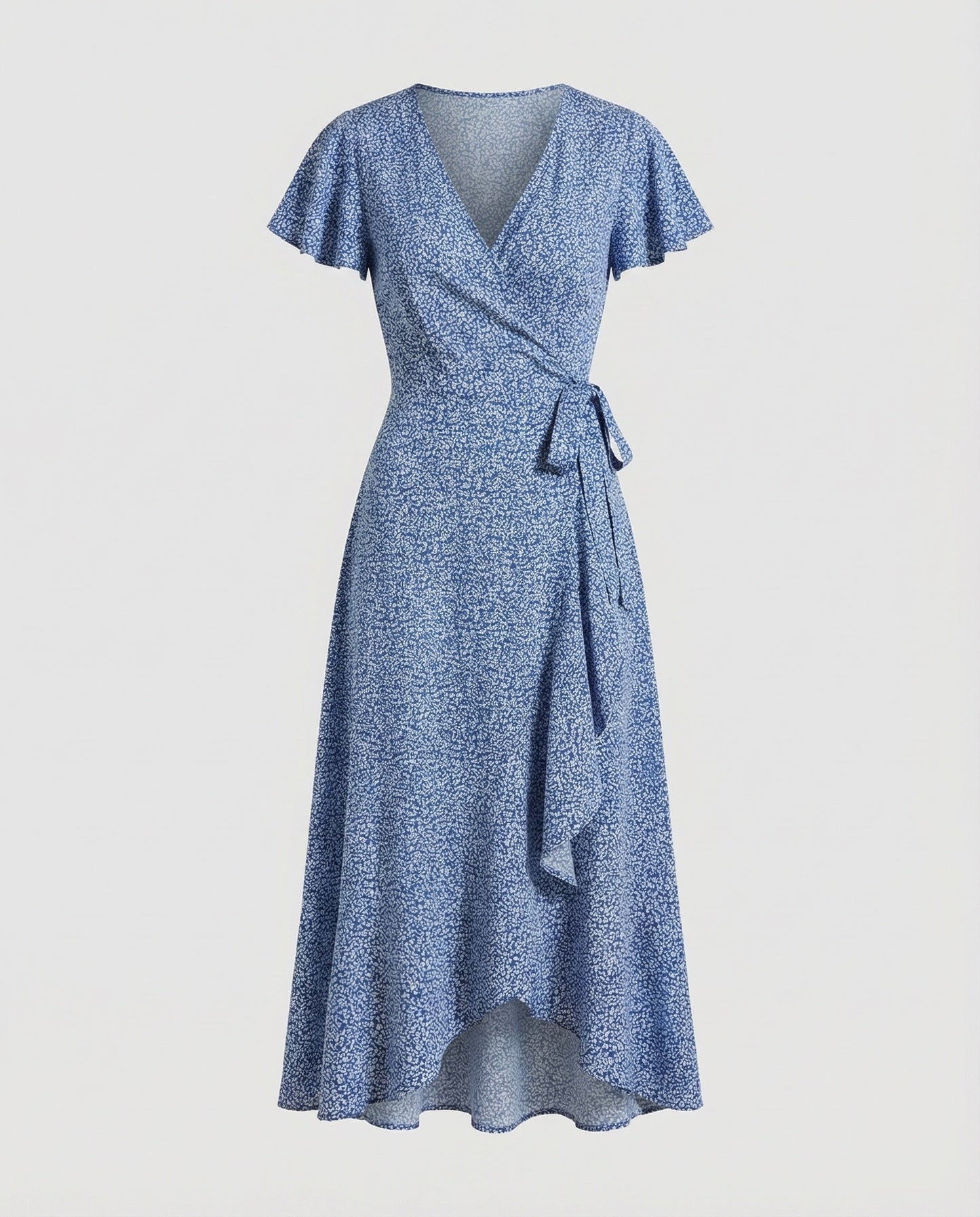 Women's Wrap Dress in Floral Print with High-low Ruffle - Blue colorway