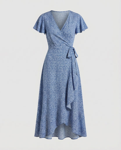 Women's Wrap Dress in Floral Print with High-low Ruffle - Blue colorway
