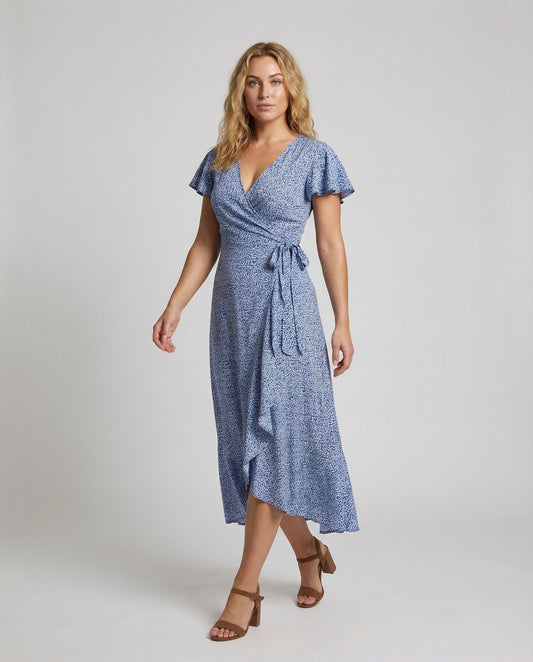 Women's Wrap Dress in Floral Print with High-low Ruffle - front view